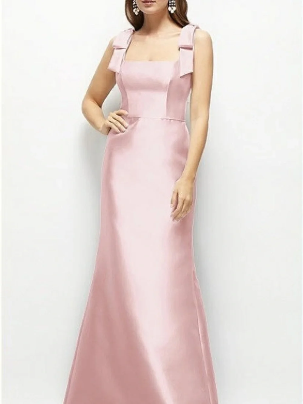 ALFRED SUNG Soft Pink Bow-Shoulder Satin Maxi Gown - Picture 3 of 3